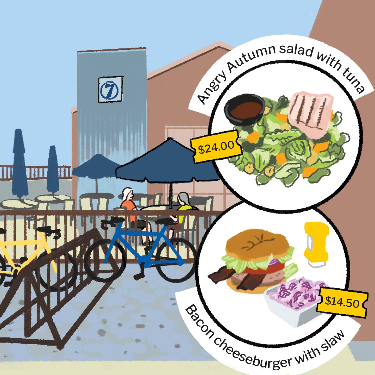 Illustration of the exterior of a restaurant with outdoor seating in a fenced-off patio. In the foreground in front of the patio is a bike rack with several bikes in it. The illustration includes two insets showing an Angry Autumn salad with a piece of grilled tuna ($24) and a bacon cheeseburger burger with cole slaw ($14.50).