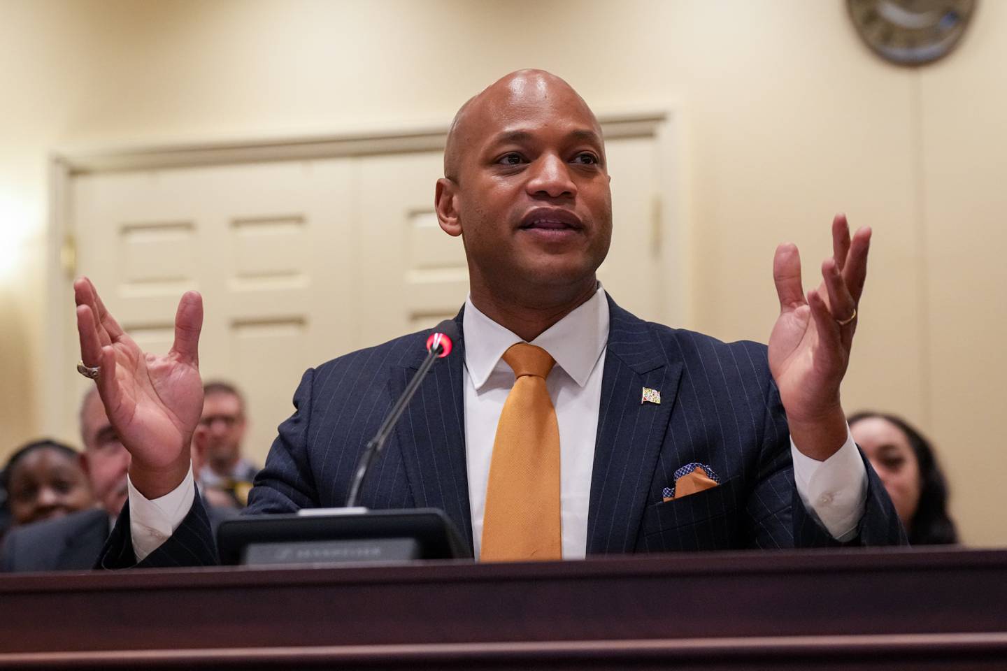 Maryland Gov. Wes Moore testifies in favor of the Keep Our Heroes Home Act on 2/16/23 during a meeting of the House Ways and Means committee in Annapolis.