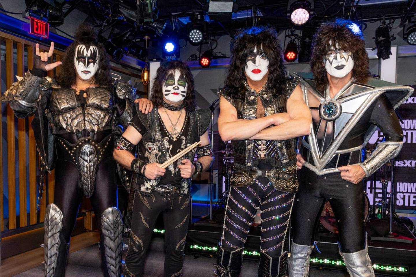 LOS ANGELES, CALIFORNIA - MARCH 01: (L-R) Gene Simmons, Eric Singer, Paul Stanley and Tommy Thayer of KISS visit SiriusXM's 'The Howard Stern Show' at SiriusXM Studios on March 01, 2023 in Los Angeles, California.