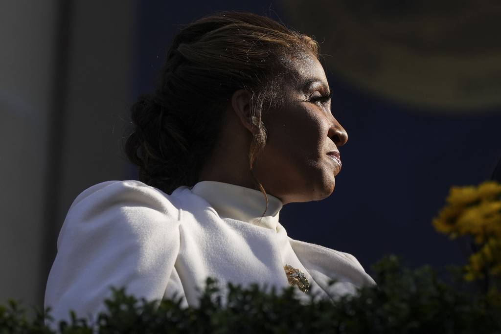 Dawn Moore listens to speakers during her husband, Wes Moore’s inauguration as the First African-American governor for the State of Maryland, at the Maryland State House, in Annapolis, MD, Wednesday, January 18, 2023.