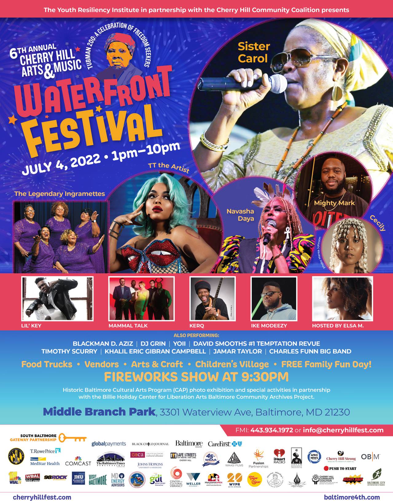 Flyer of the Cherry Hill Arts and Music Waterfront Festival. Located at Middle Branch Park, the festival is celebrating the Bicentennial birthday of Harriet Tubman. Food, music, vendors and reenactments.