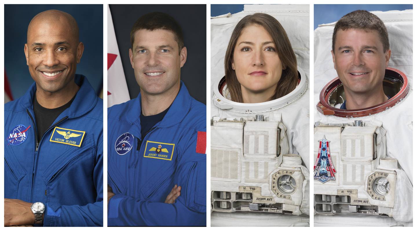 This combination of photos shows, from left, astronauts Victor Glover, Jeremy Hansen, Christina Koch, and Reid Wiseman.