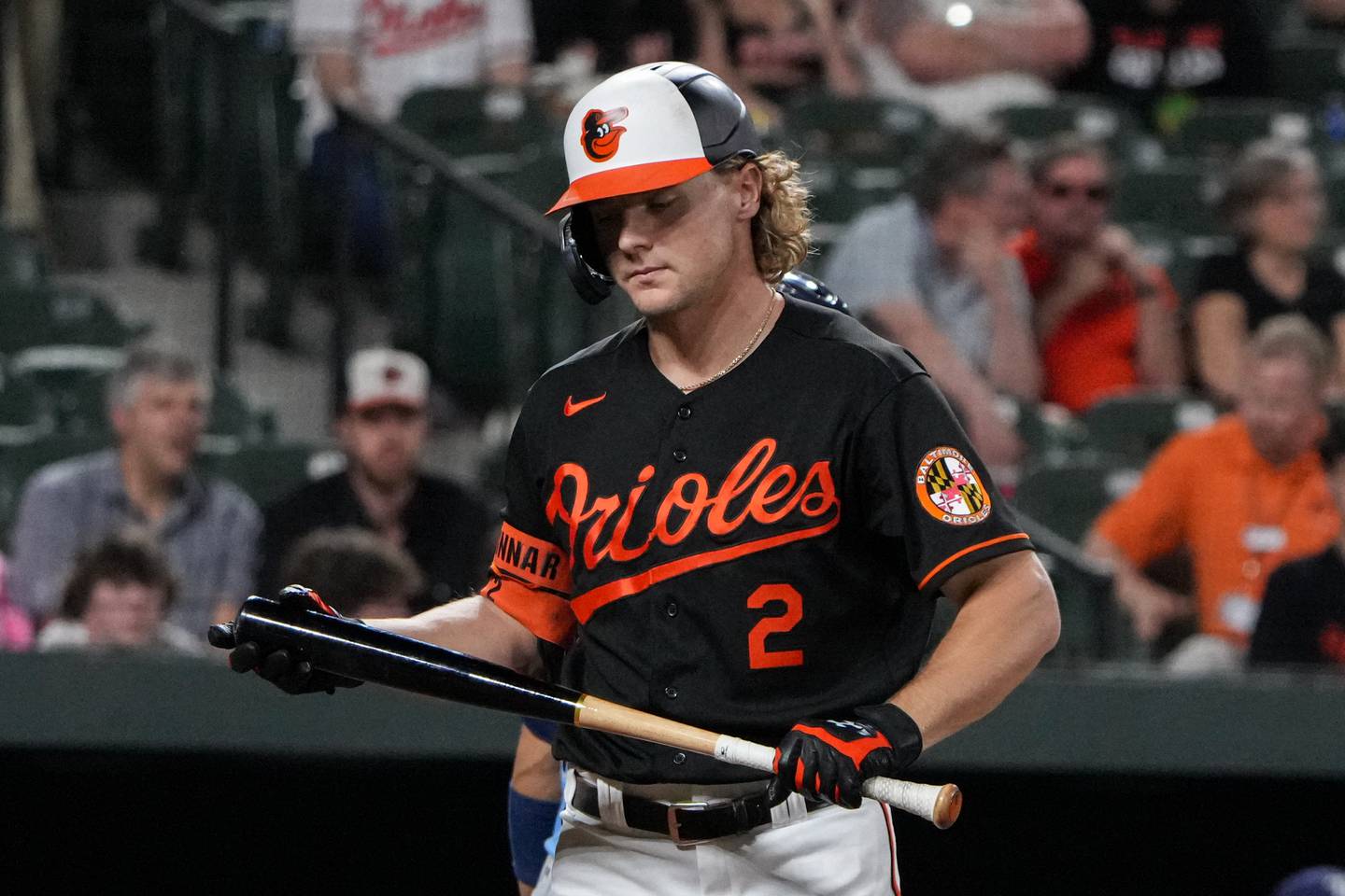 Baltimore Orioles pinch hitter Gunnar Henderson (2) reacts to being the final strikeout of a game against the Tampa Bay Rays in Baltimore on Monday, May 8. The Rays and Orioles played the first game of a series on Monday.