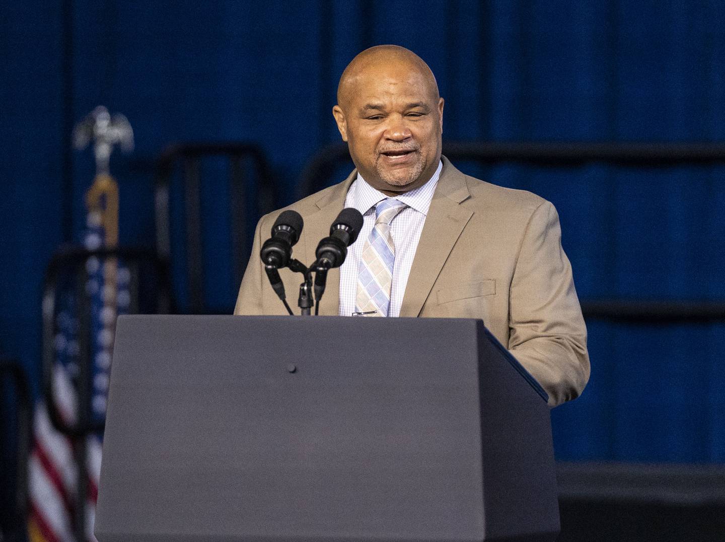 Dereck Davis, Maryland state treasurer, speaks at a campaign event in support of gubernatorial candidate Wes Moore at Bowie State University, in Bowie, MD. November 7, 2022.