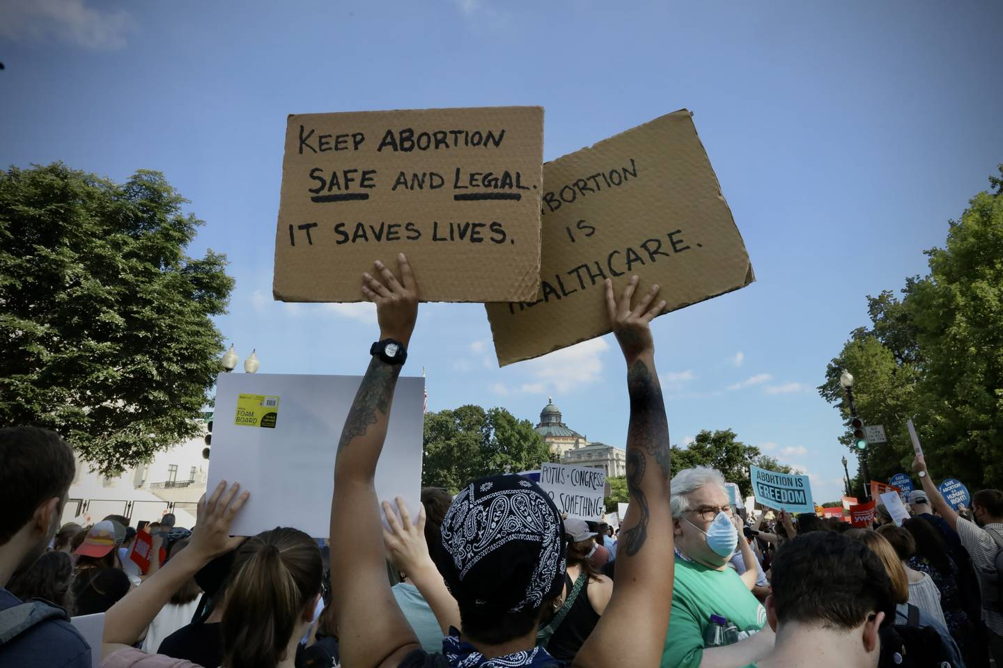 Protestors gather outside the Supreme Court after the announcement that the court had overturned Roe v. Wade.