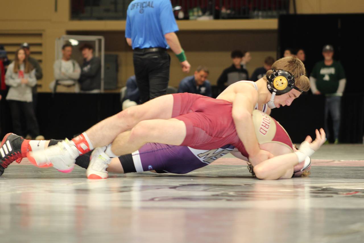 Mount St. Joseph's Coleman Nogle pins Haverford (PA) School's Jay McConnell in the 126-pound consolation final at the National Preps wrestling tournament at The Show Place Arena in Upper Marlboro. The Gaels were highest-placing local team at the event, finishing seventh.
