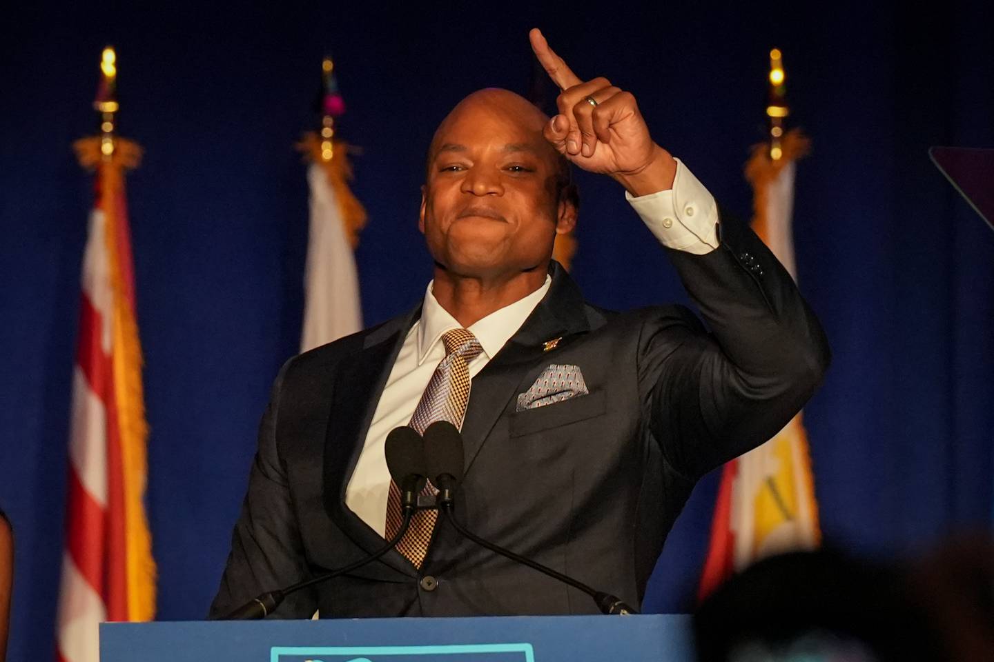 Democratic gubernatorial candidate Wes Moore declares victory at an Election Night event at the Baltimore Marriott Waterfront on Tuesday, November 8. Democratic candidates Wes Moore, Aruna Miller, Chris Van Hollen, Anthony Brown and Brooke Lierman held a combined event beginning at 8 p.m. as the polls closed.