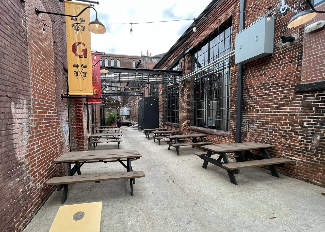 The outdoor biergarten at Guilford Hall Brewery in Baltimore.