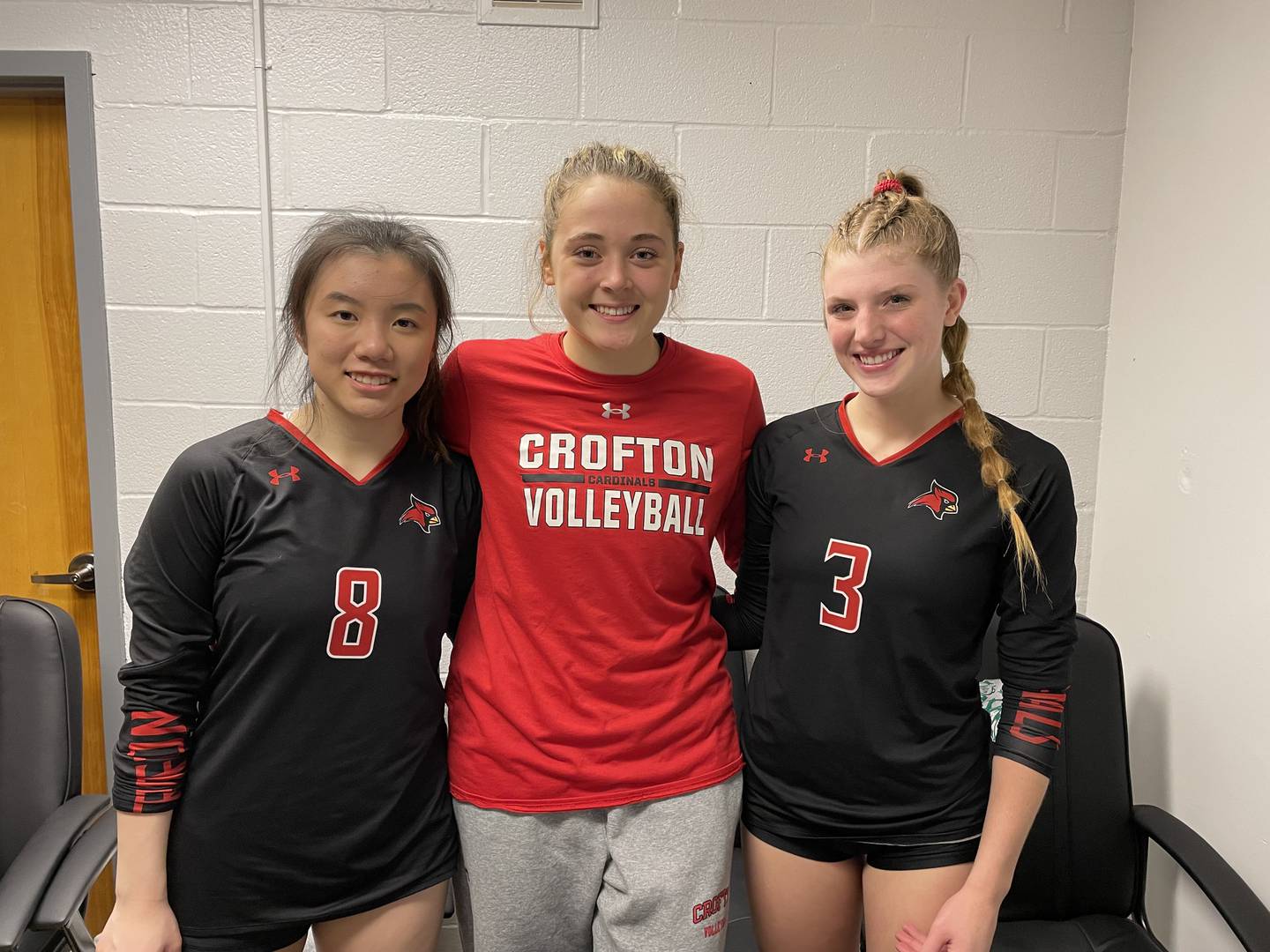 As members of the first senior class at Crofton High School, Christine Wang (8), Lily Lagaras and Emily Gustie (3) helped build the Cardinals into a state volleyball contender in just two years. Although they lost to Northern-Calvert, 3-1, in Monday’s Class 3A state semifinals, the No. 2 Cardinals took another step forward after falling in the state quarterfinals last year.