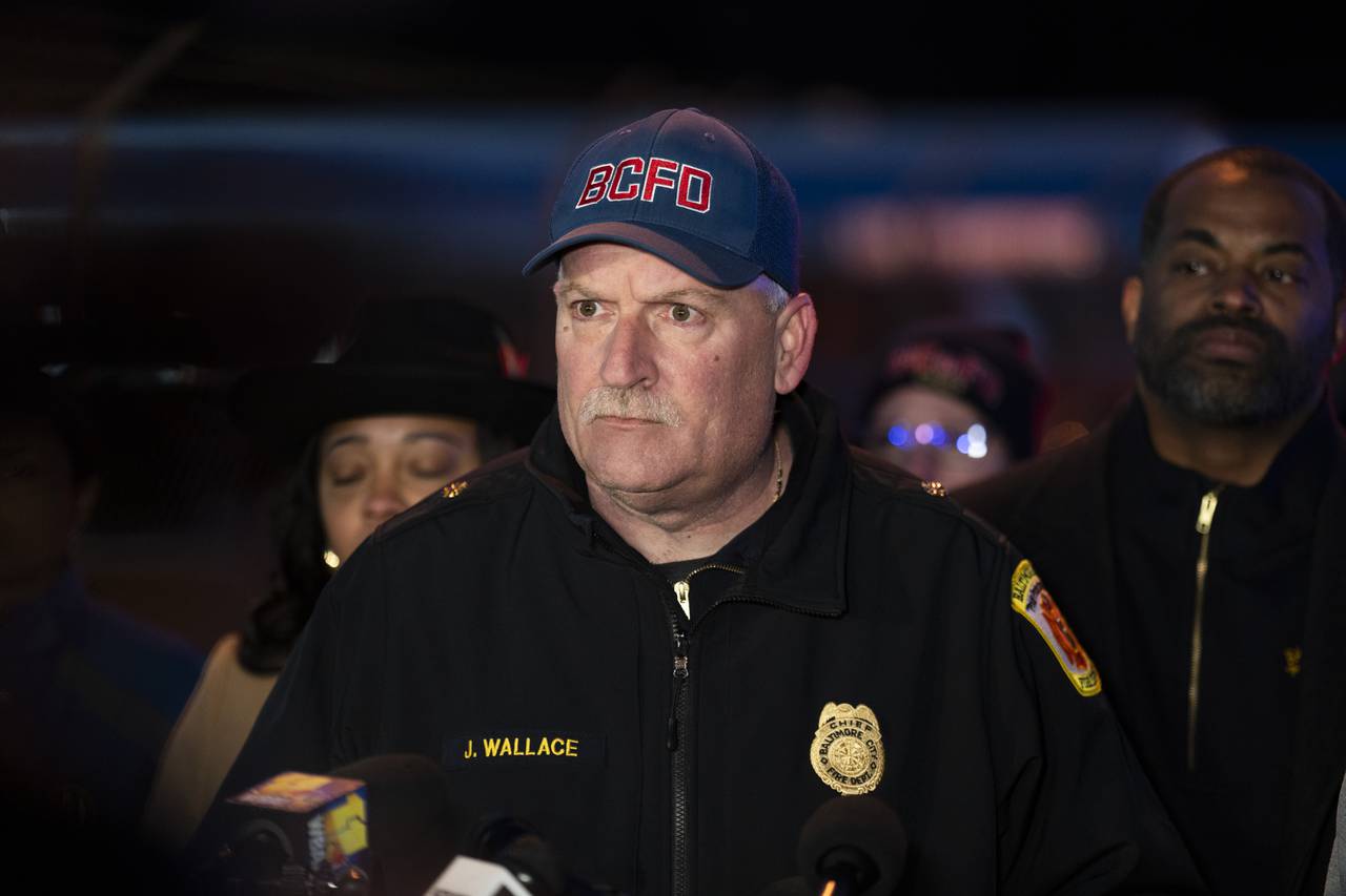 Baltimore Fire Chief James Wallace gives updates on the Francis Scott Key Bridge collapse at a news conference on Fort Smallwood Road Tuesday morning.