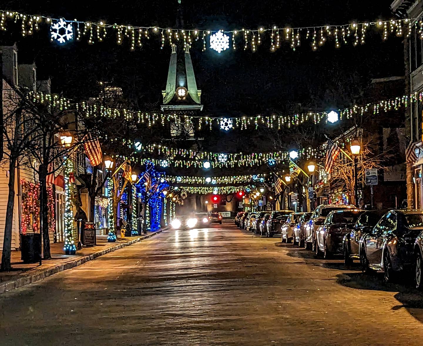 Holiday lights illuminate Inner West Street in Annapolis.
