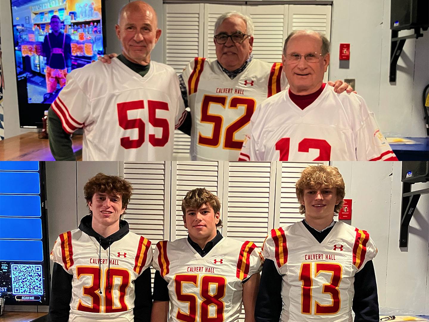 Two different generations of Calvert Hall place-kicking units brought Turkey Bowl glory to their school by producing game-winning field goals on Thanksgiving morning, 55 years apart. The 1969 unit included (top row from left) snapper Bruce Willis, kicker Phil Marsiglia and holder Phil Popovec. The 2022 kicking unit (bottom row, from left) included senior kicker Dylan Manna, long snapper Mason Notaro, junior holder Dane Grunder.