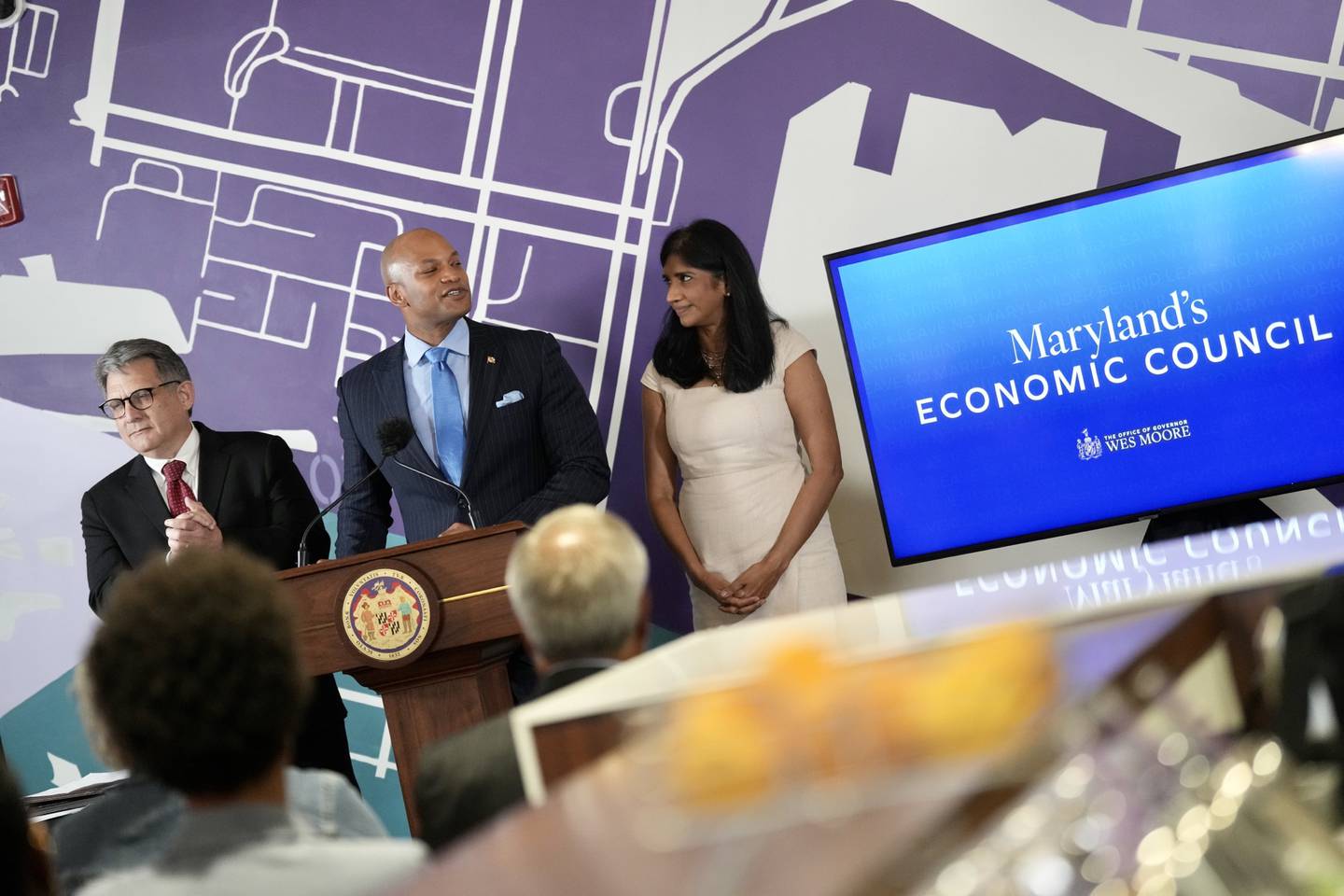 Maryland Gov. Wes Moore, alongside Lieutenant Governor Aruna Miller and William Castleberry, held an event to announce the creation of a new council on economic innovation and sign a related executive order on June 8, 2023 in Baltimore, MD