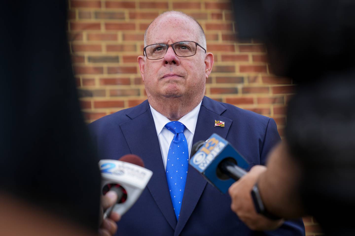 7/7/22—Gov. Larry Hogan speaks to reporters outside Annapolis Middle School on the first day of early voting in Maryland’s Primary Election.