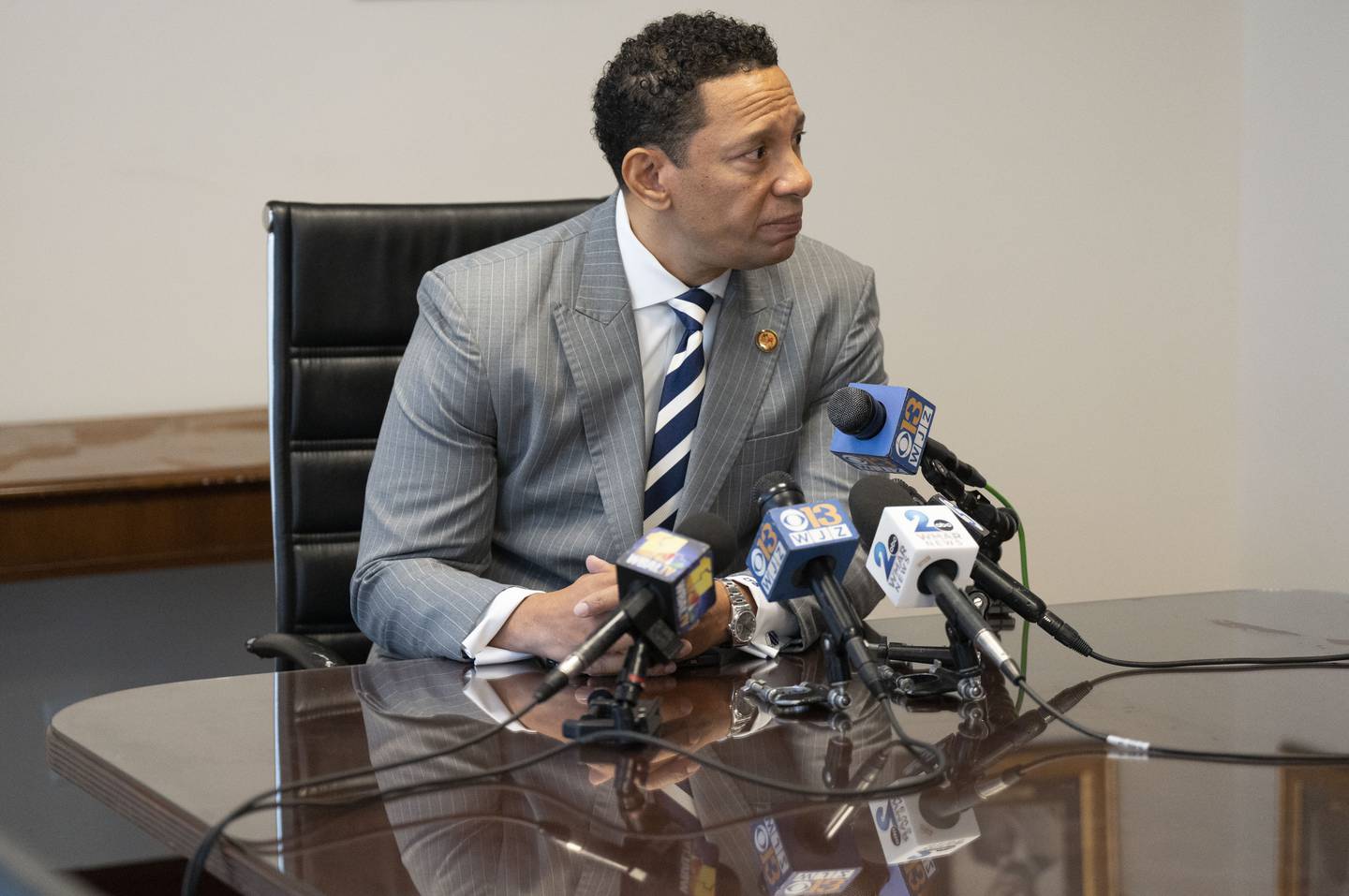Baltimore State's Attorney Ivan Bates answers questions from reporters at about the decision to drop the murder case against Keith Davis Jr., at his office in Baltimore, Friday, January 13, 2023.