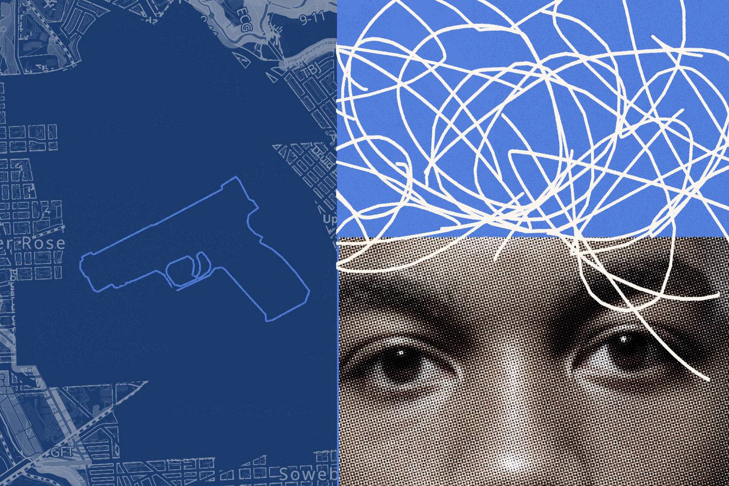 Photo collage showing silhouette of gun within the Western District map on the left side. On the right side, a mess of scribbles sits above a close-up of a young man’s eyes.