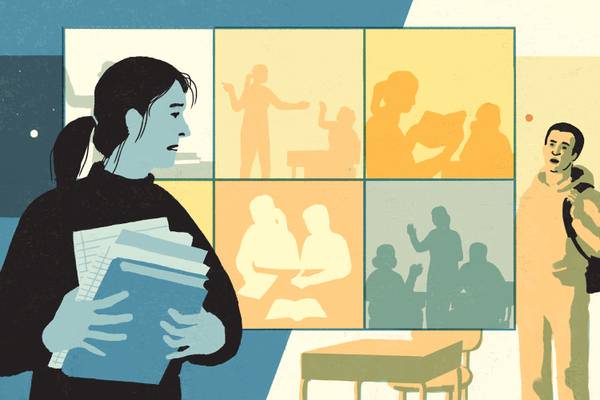 Illustration of teacher holding stack of books and papers, separated from student by six moments from her busy day.