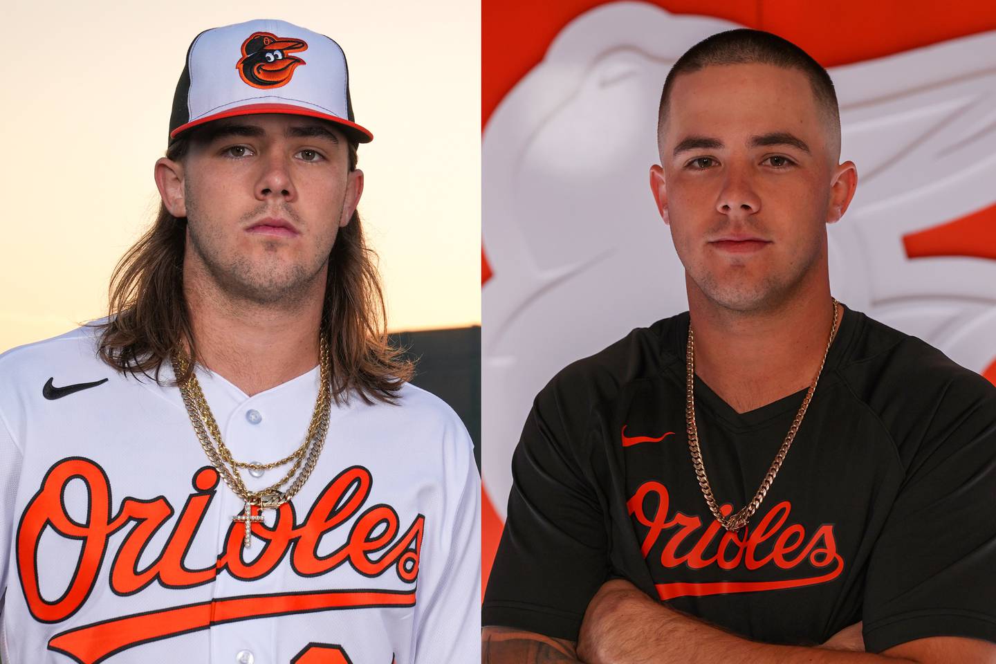 This photo shows before-and-after shots of Orioles pitcher DL Hall. In the image on the left, he has long hair coming out of his Orioles hat. In the image on the right, he has a short hair style.