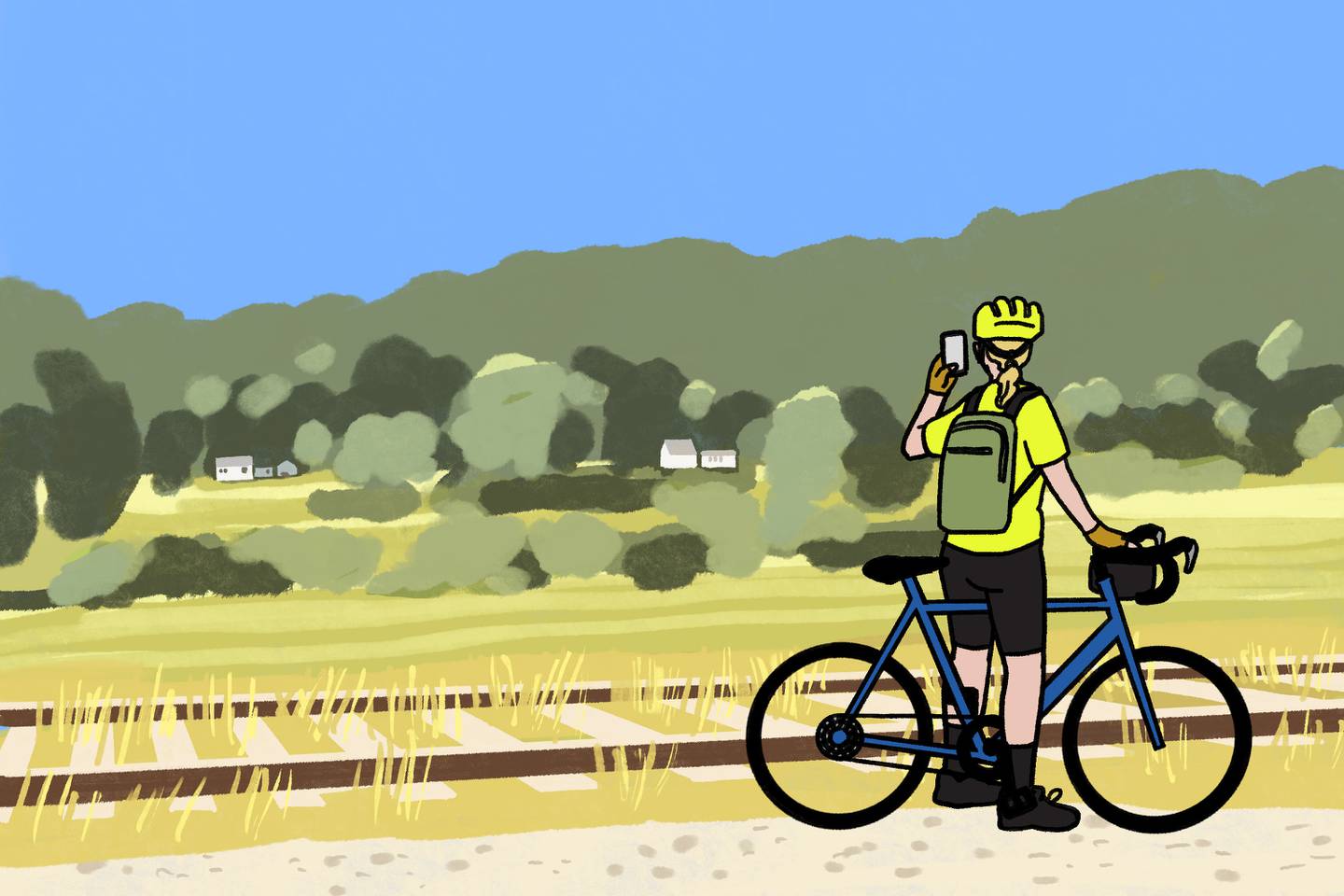 Illustration from behind of woman with helmet and backpack standing over a bicycle, taking a photo with her phone of a rural landscape. There are old railroad tracks overgrown with grass in the foreground, hills, trees and small country houses in the background.