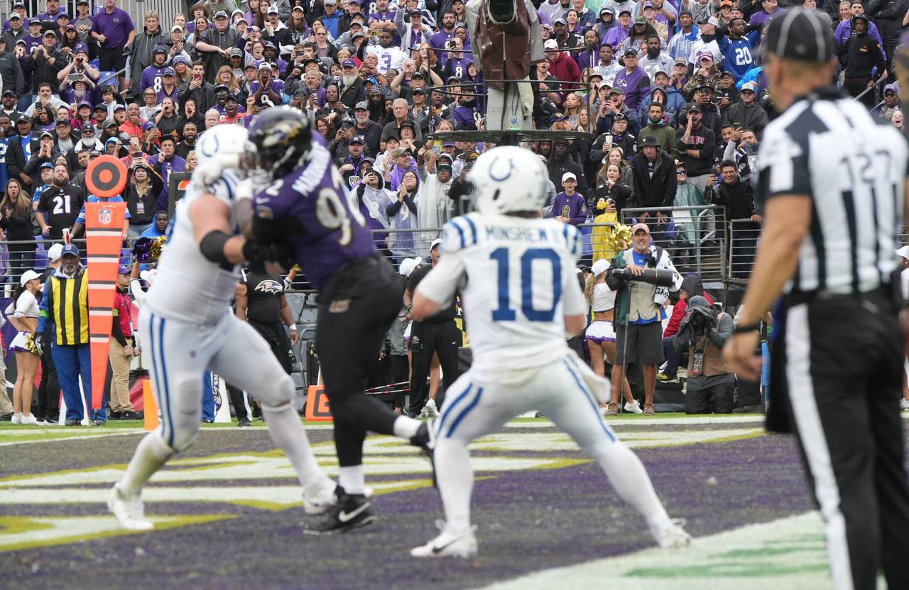 Indianapolis Colts QB Gardner Minshew steps out of bounds in the end zone for a safety in the fourth quarter. The Colts beat the Ravens 22-19 in overtime.