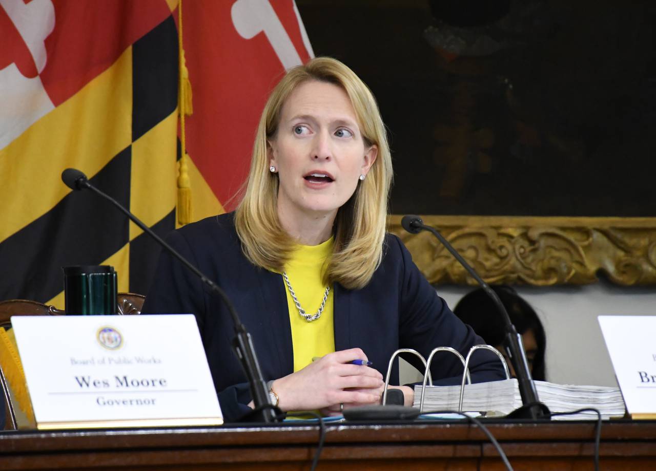 Comptroller Brooke Lierman speaks during a meeting of the Maryland Board of Public Works at the State House in Annapolis on Wednesday, March 13, 2024.