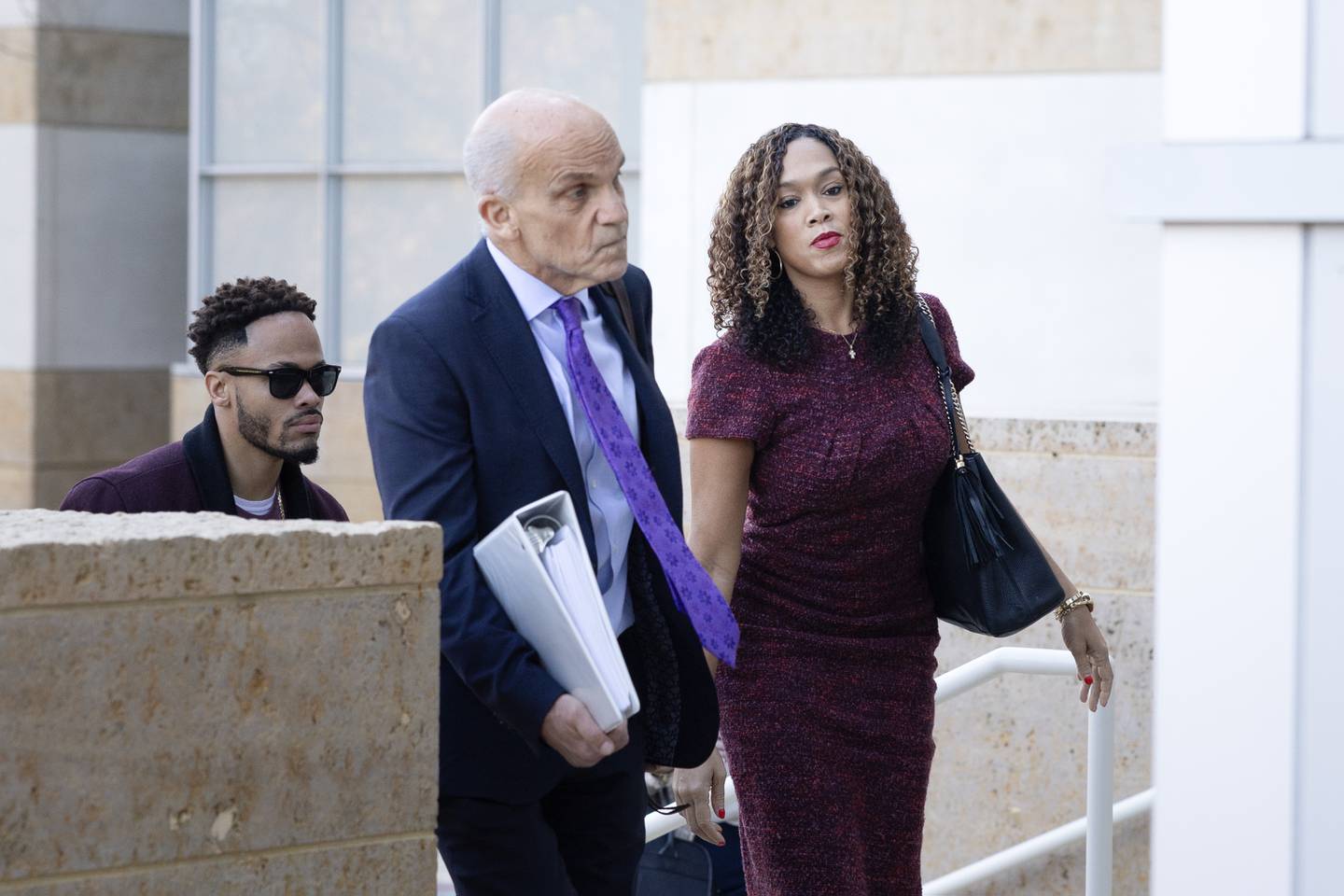 Former Baltimore State’s Attorney Marilyn Mosby arrives at U.S. District Court alongside Federal Public Defender James Wyda in Greenbelt, Maryland, on Wednesday, November 8, 2023. Mosby weighed in on testifying following Tuesday’s proceedings during her federal perjury trial.