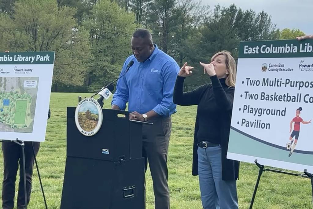 Howard County Executive Calvin Ball announces new fields, basketball courts, a playground and a pavilion at the East Columbia Library Park on April 25, 2024.
