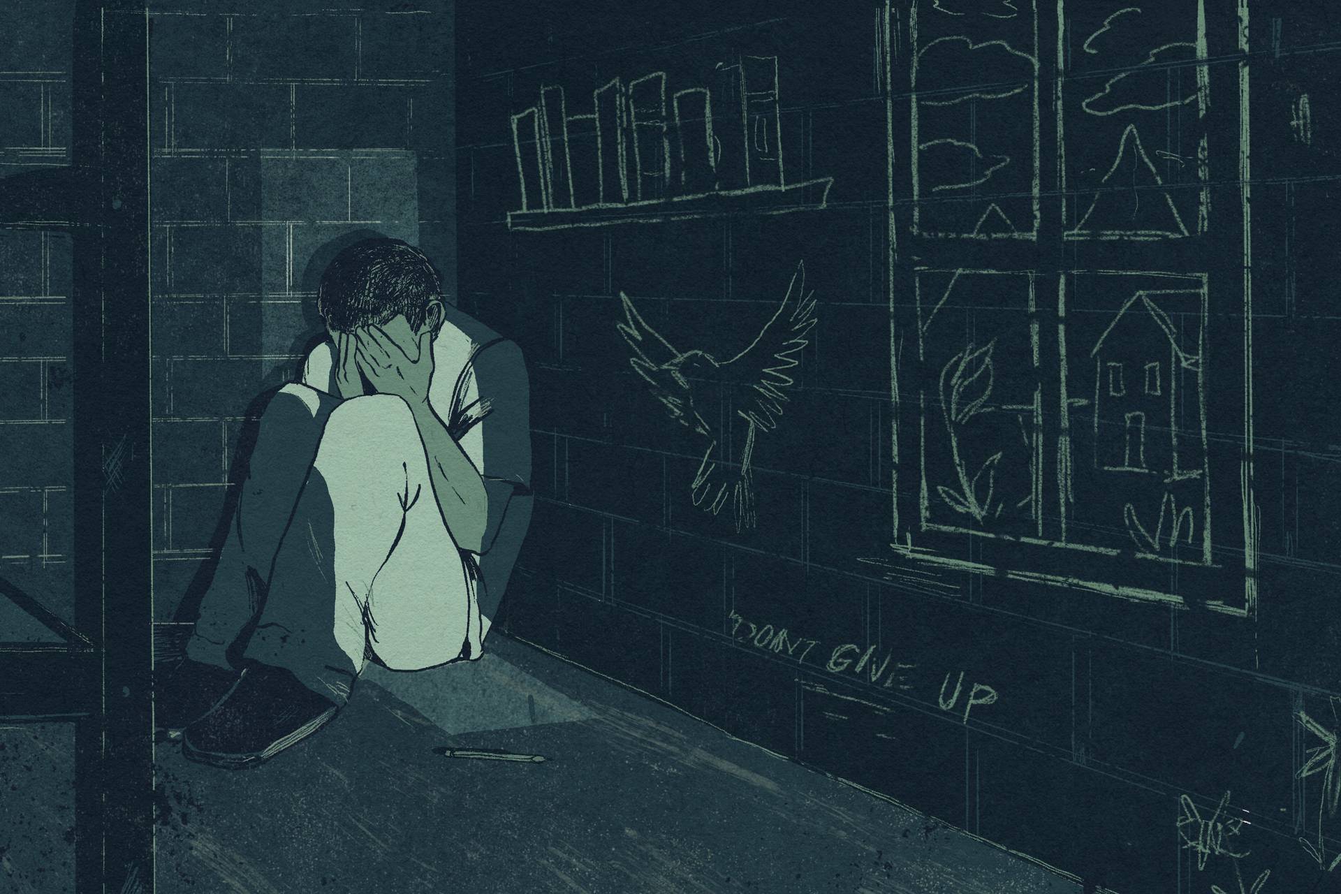 Illustration of inmate sitting in corner of dark prison cell with cinder block walls, holding hands over his face. The wall to his right is covered with drawings that show a bookshelf, a bird and a window to the outside.