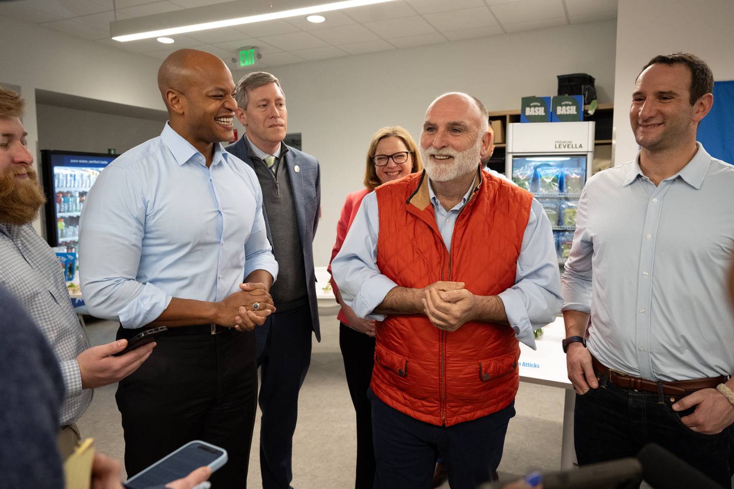 Gov. Wes Moore and chef Jose Andres congratulated Bowery Farming, the largest vertical farming company in the country, on Wednesday, March 6, 2024, for four years of production in Nottingham.