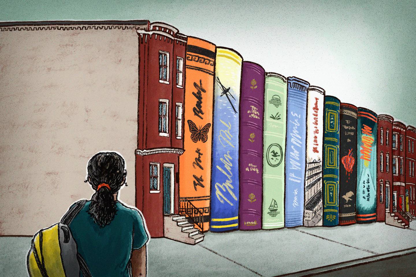 Illustration of a woman standing in front of rowhouses that look like books.