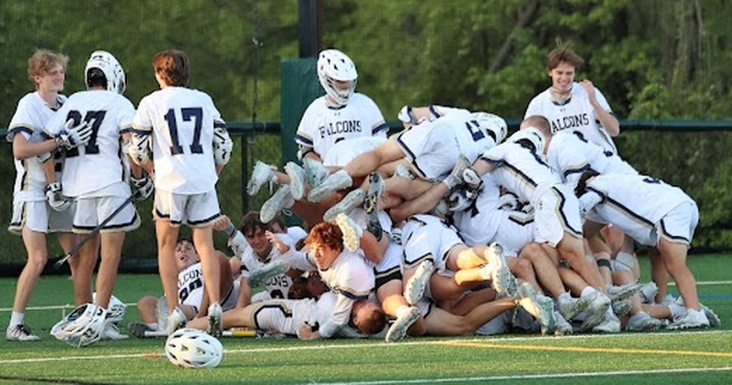 Severna Park's boys lacrosse players piled on each other after the final buzzer in the Thursday's Class 3A state championship game. The No. 11 Falcons won their seventh straight title with a 9-8 victory over 14th-ranked Mount Hebron at Stevenson University's Mustang Stadium.