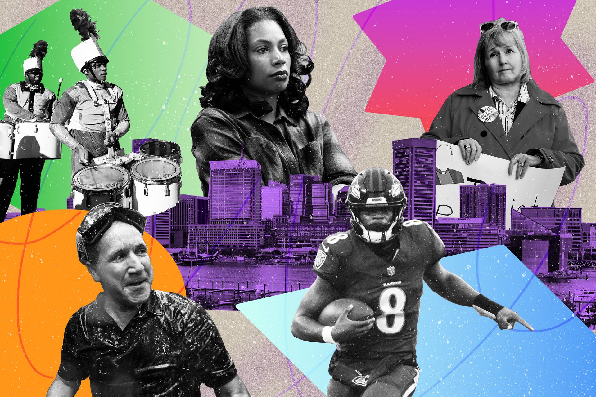 Photo illustration shows Baltimore skyline with overlapping brightly colored shapes and photos of drum line performers, Krystal Gonzalez, Teresa Lancaster, Lamar Jackson, and John Angelos.