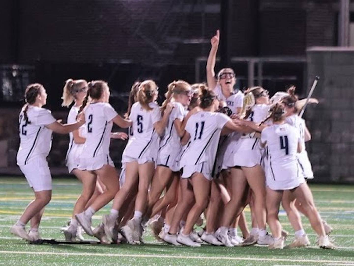 Manchester Valley's girls lacrosse team celebrates after Thursday's Class 2A state championship game. The No. 6 Mavericks completed a perfect season (19-0) with a 15-7 victory over Frederick County's Middletown at Stevenson University.