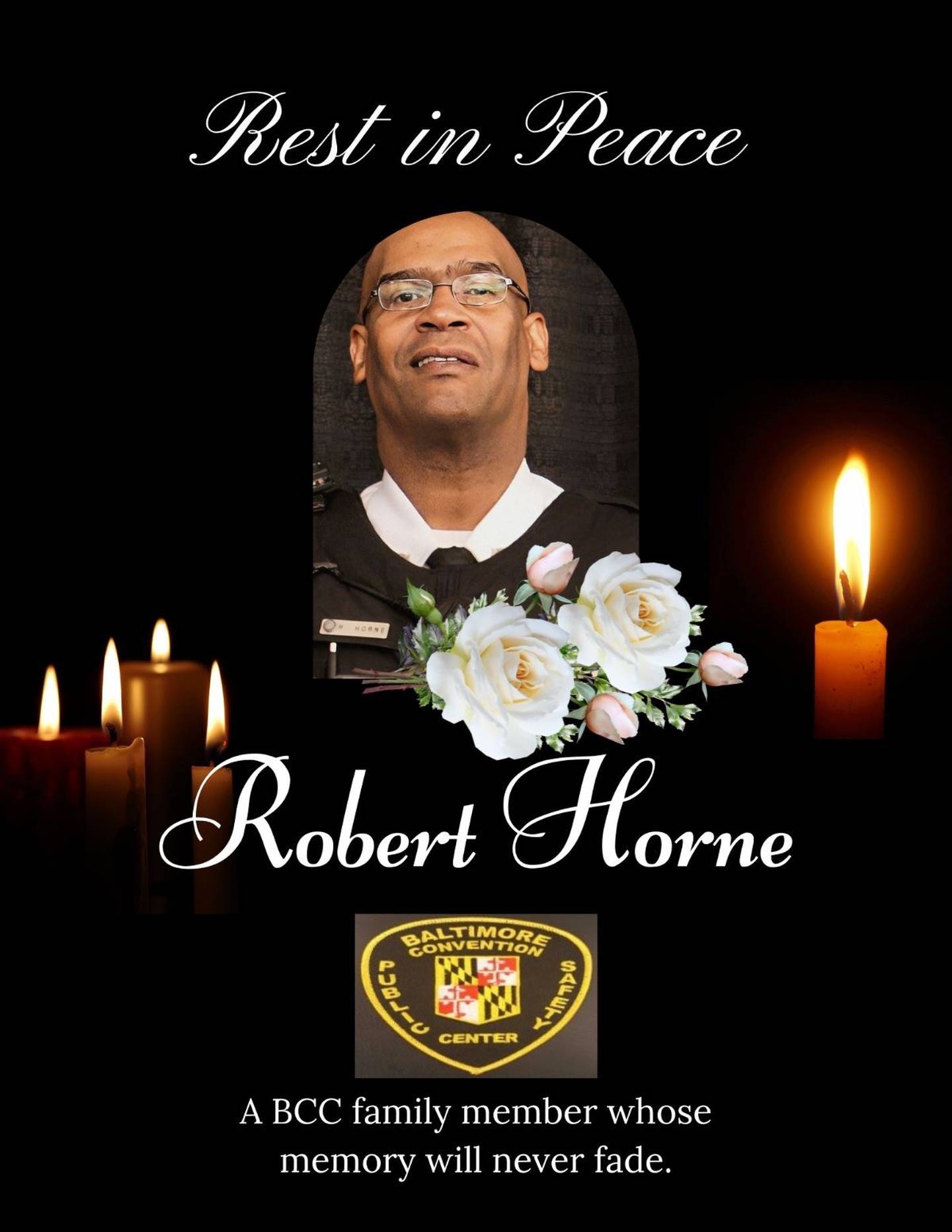 A photo of Robert Horne is surrounded by flowers and images of candles.