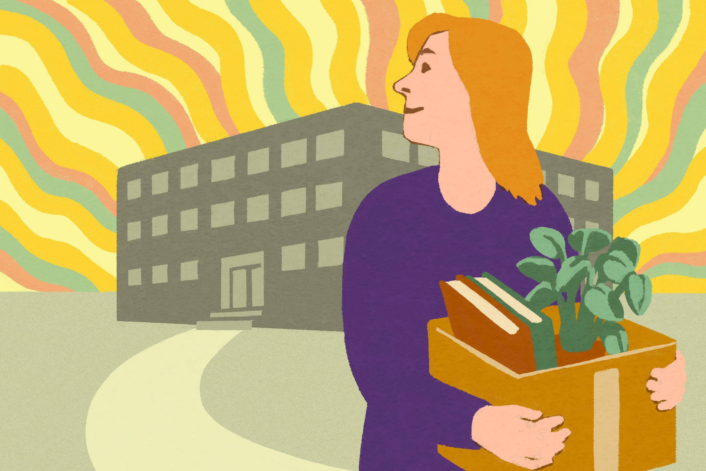 Illustration of woman who holds cardboard box of books and potted plant, and looks back over shoulder at school building that radiates bright, cheery colored wavy lines.