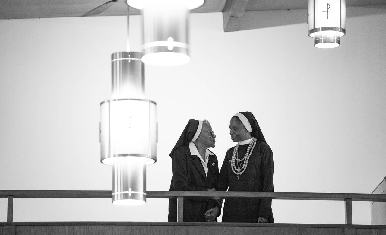 Sister Mary Annette Beecham and Sister Mary Pauline Tamakloe speak before Tamakloe takes her final profession at Our Lady of Mount Providence Convent, in Arbutus, Monday, August 14, 2023.