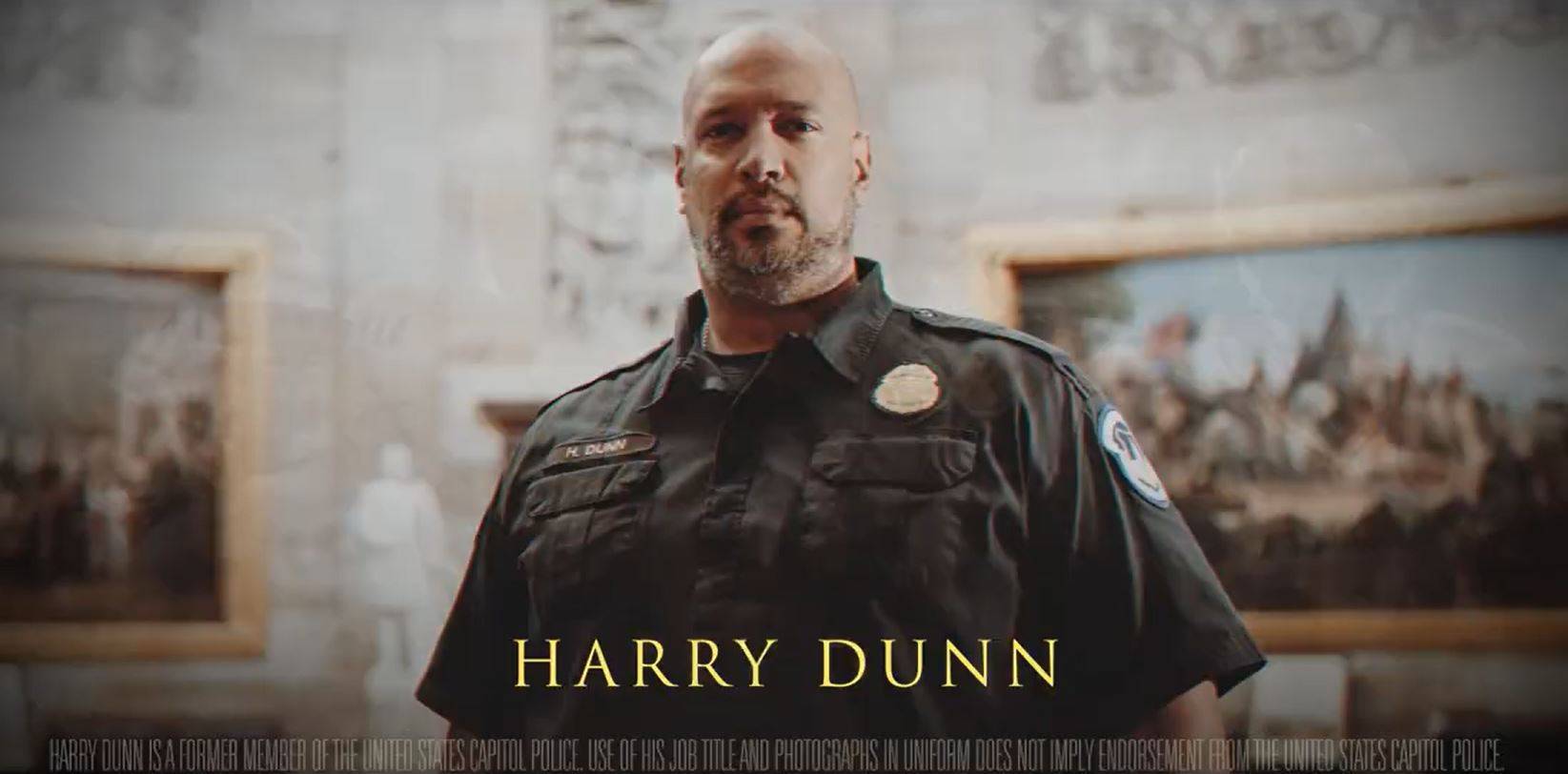 Harry Dunn, a Democrat running for Maryland's 3rd Congressional District, is shown in a screenshot from a campaign TV commercial.