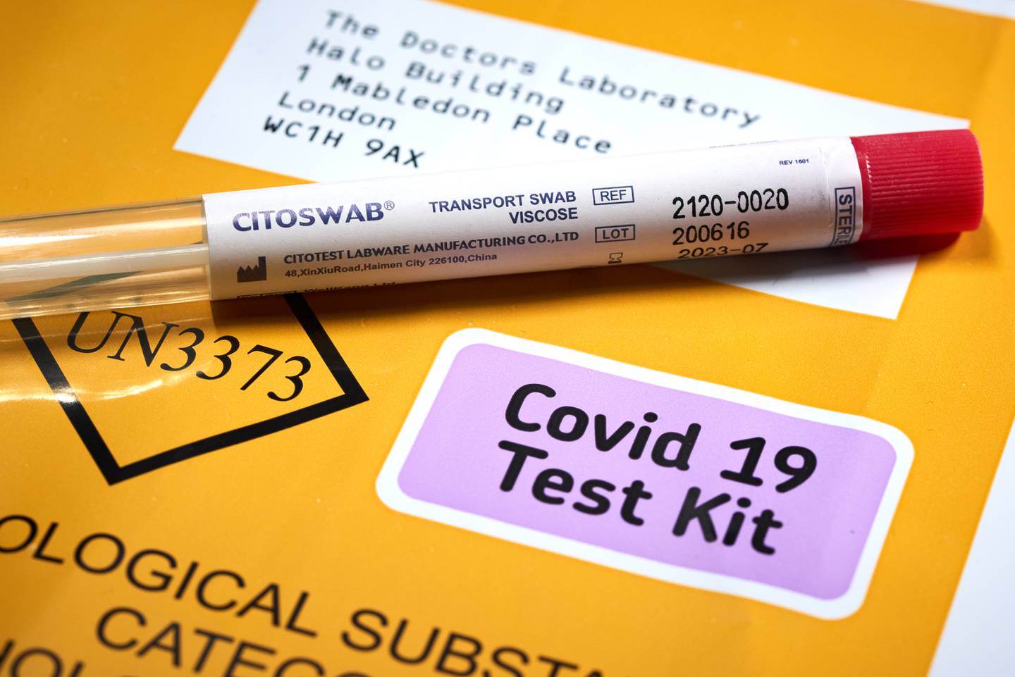 ESSEX, ENGLAND - NOVEMBER 13: In this photo illustration, a Citoswab Coronavirus (COVID-19) Home Test kit is displayed on November 13, 2020 in Essex, England.