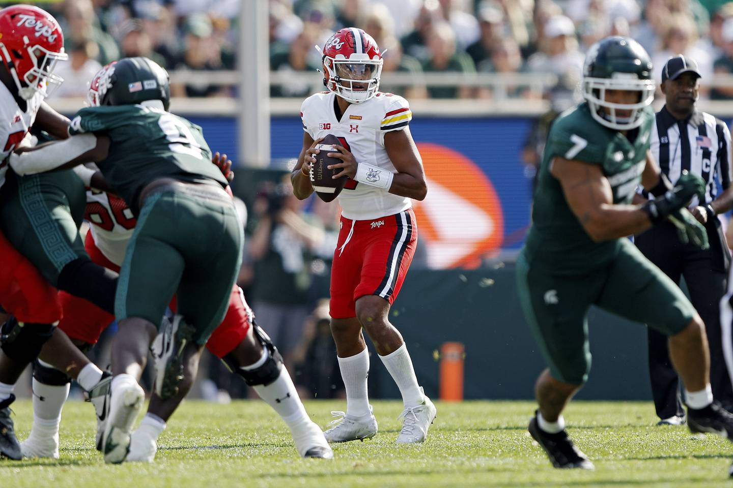 EAST LANSING, MICHIGAN - SEPTEMBER 23: Taulia Tagovailoa, #3 of the Maryland Terrapins, looks to pass in the second quarter of a game against the Michigan State Spartans at Spartan Stadium on Sept. 23, 2023 in East Lansing, Michigan. (Photo by Mike Mulholland/Getty Images)