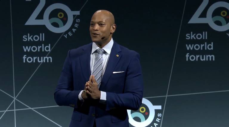 Maryland Gov. Wes Moore is shown on a livestream speaking at the Skoll World Forum in Oxford, England, on April 13, 2023.