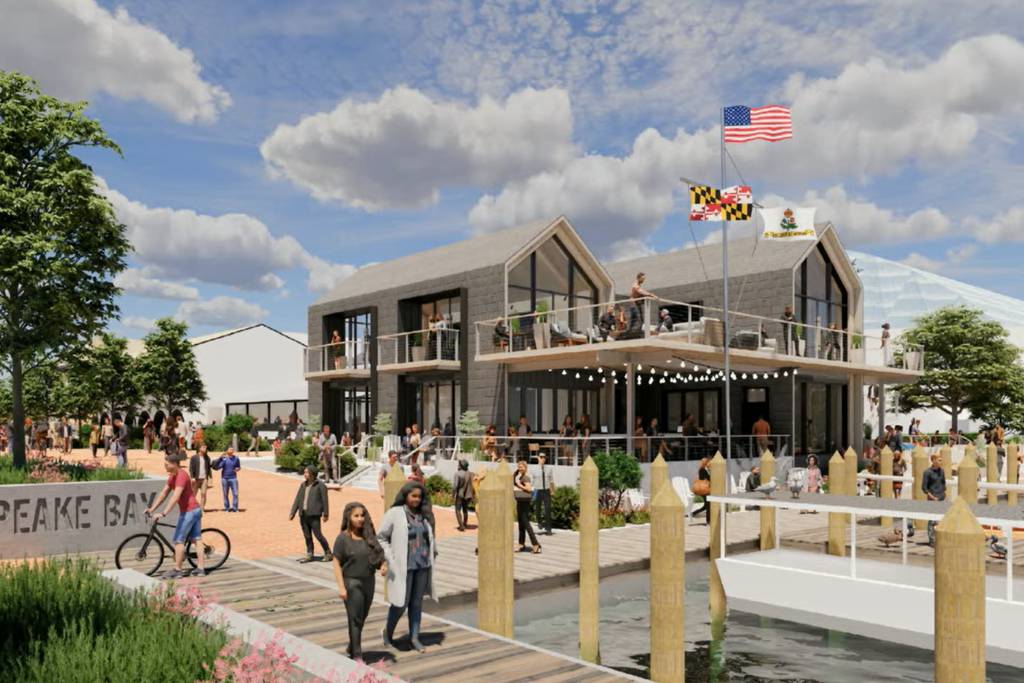 A rendering of the planned Maritime Welcome Center shows how it would look from the end of City Dock, where a new park will be built as part of a flood protection project.