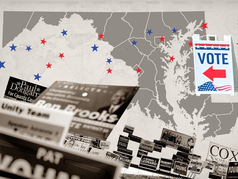 An illustration that includes a Maryland state map, blue and red stars, a sign that reads "Vote" and numerous campaign signs. 