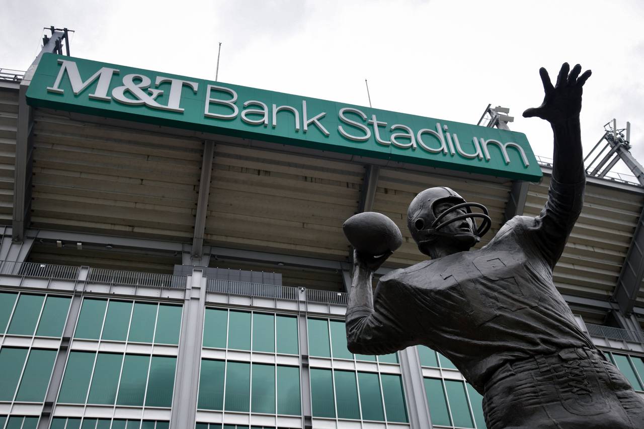 A statue of Pro Football Hall of Fame player Johnny Unitas stands outside M&T Bank Stadium, home of the Baltimore Ravens, in South Baltimore.