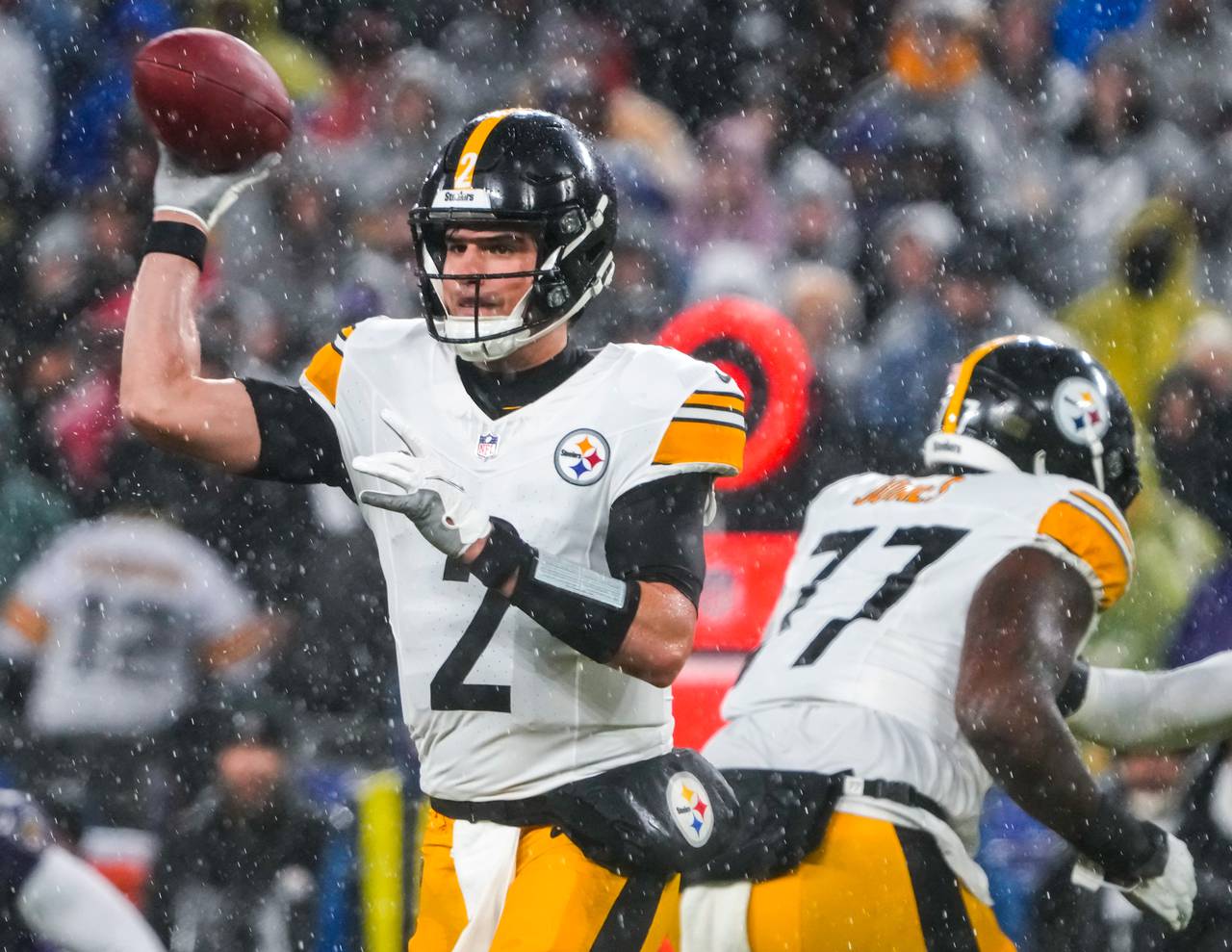 Pittsburgh Steelers quarterback Mason Rudolph (2) throws the ball during the first quarter against the Baltimore Ravens at M&T Bank Stadium on Saturday, Jan. 6, 2024.