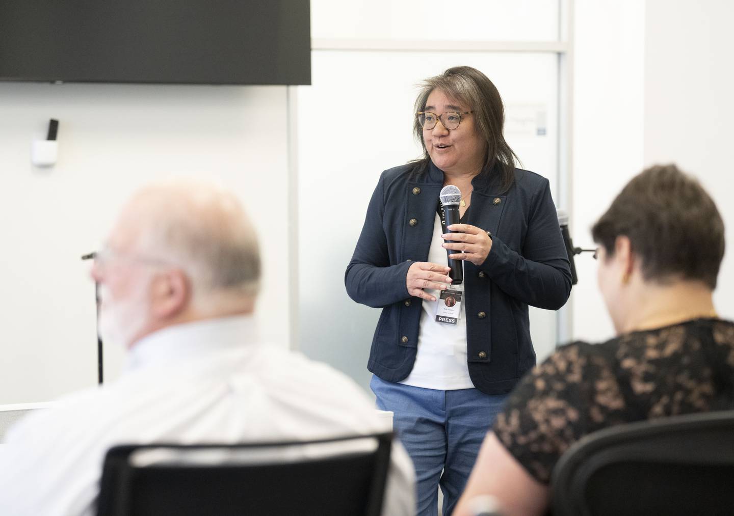 Editor in chief at The Baltimore Banner, Kimi Yoshino, speaks during the announcement of The Baltimore Banner CEO, Imtiaz Patel departure from The Baltimore Banner, Wednesday, May 31, 2023.