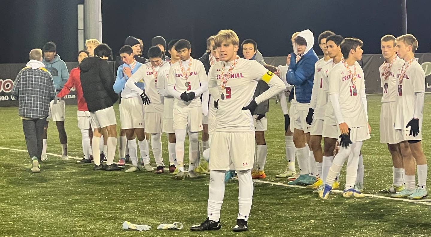 Centennial boys soccer senior captain Adam Fowble (9) reflects during the postgame awards ceremony following Thursday's Class 3A state championship game. The No. 10 Eagles' title bid was ended by Frederick County's Tuscarora in a 3-0 decision at Loyola University's Ridley Athletic Complex.