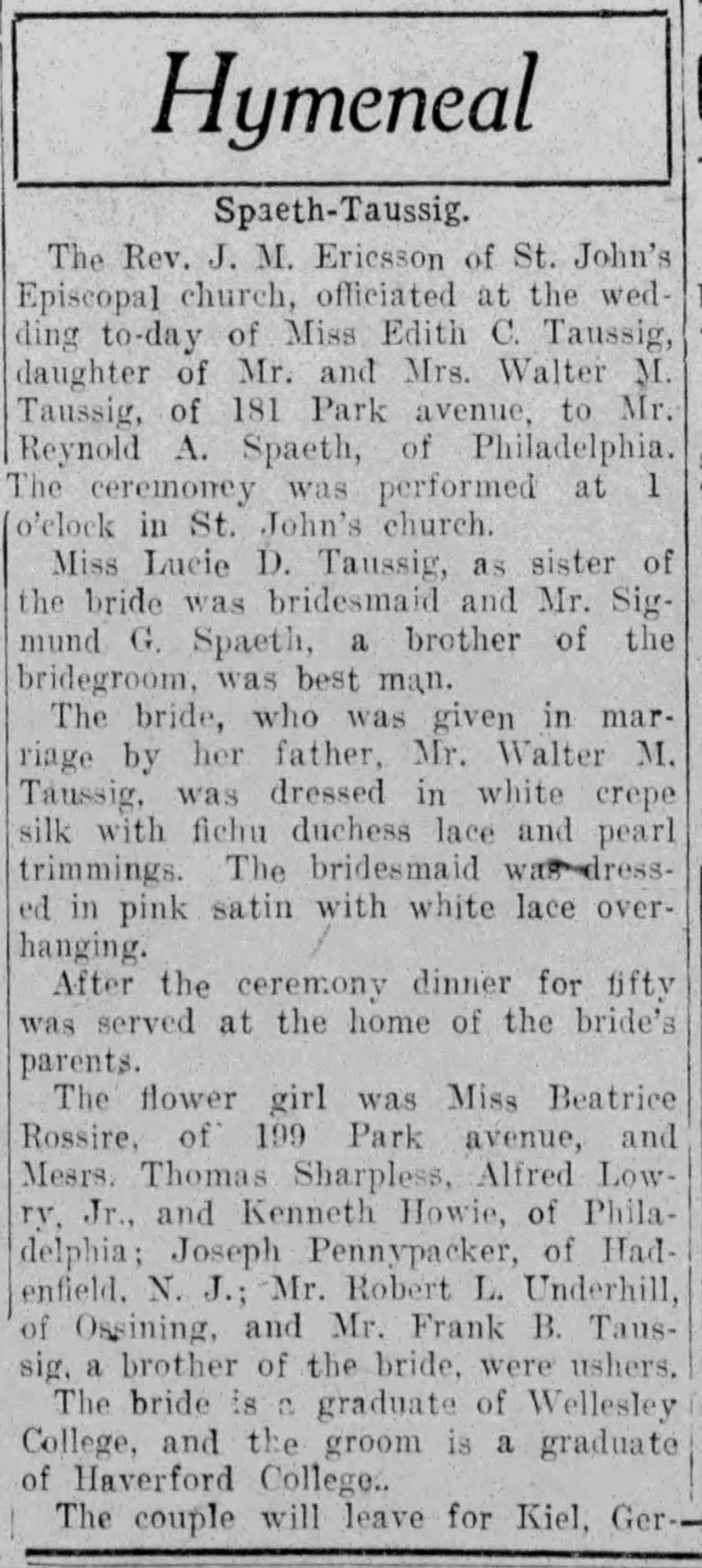 A clue in this wedding announcement of Reynold Albrecht Spaeth and Edith E. Taussaig from The Yonkers Herald Statesman August 18, 1913 edition provided a clue to who "R" might be. (Source: Newspapers.com)