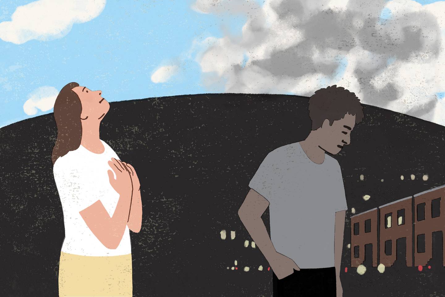 Illustration of white woman looking up at a sunny sky on left, and Black teen boy turning away from cloudy sky above him on right. There are rowhomes in background next to him.