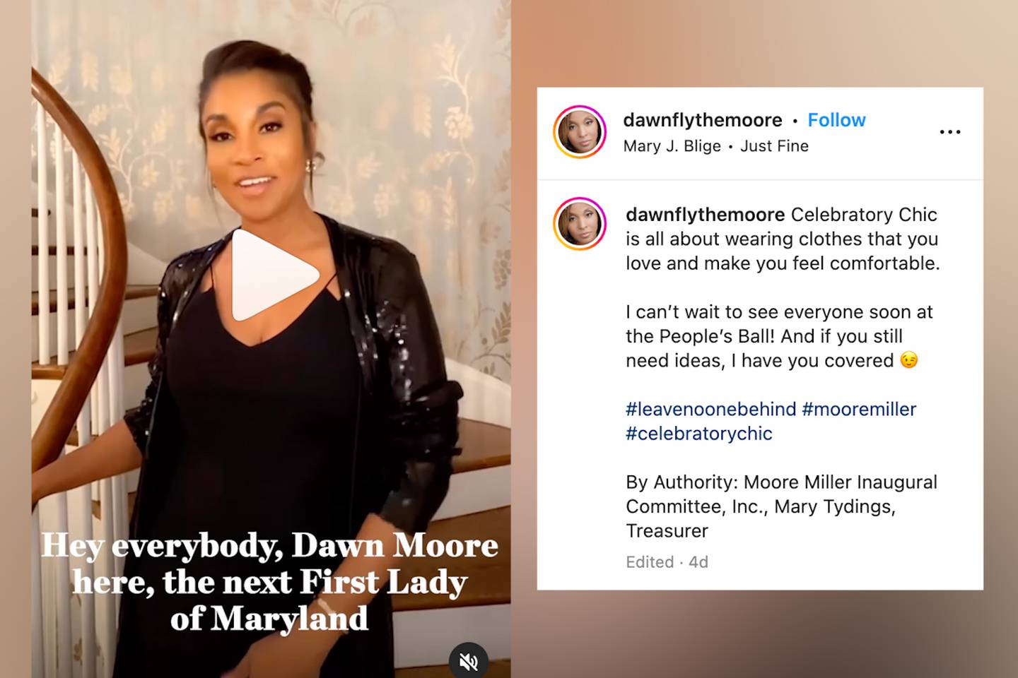 A screenshot from future First Lady of Maryland Dawn Moore's instagram account on a video where she describes what "celebration chic" is for the upcoming Inauguration Ball.
