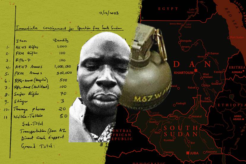 Photo collage shows handwritten list of weapons for “Operation Free South Sudan,” dated December 13, 2023, on left, with partial photograph of Peter Ajak. On right is an inverted map of Sudan and South Sudan with a photo of a grenade in front of it.